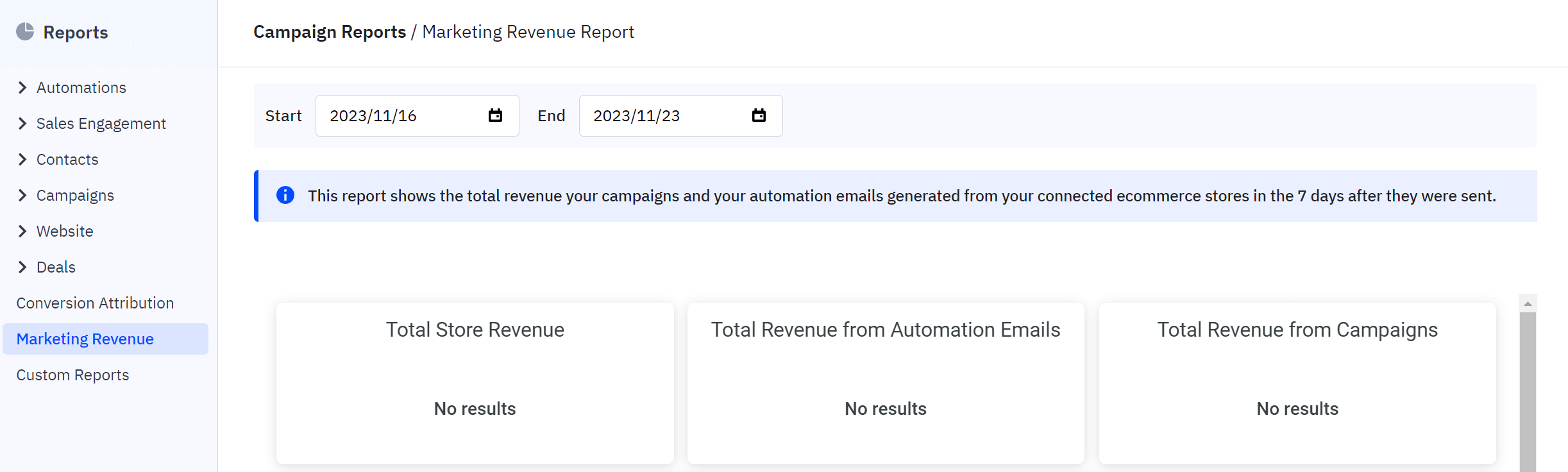 activecampaign ecommerce revenue reporting