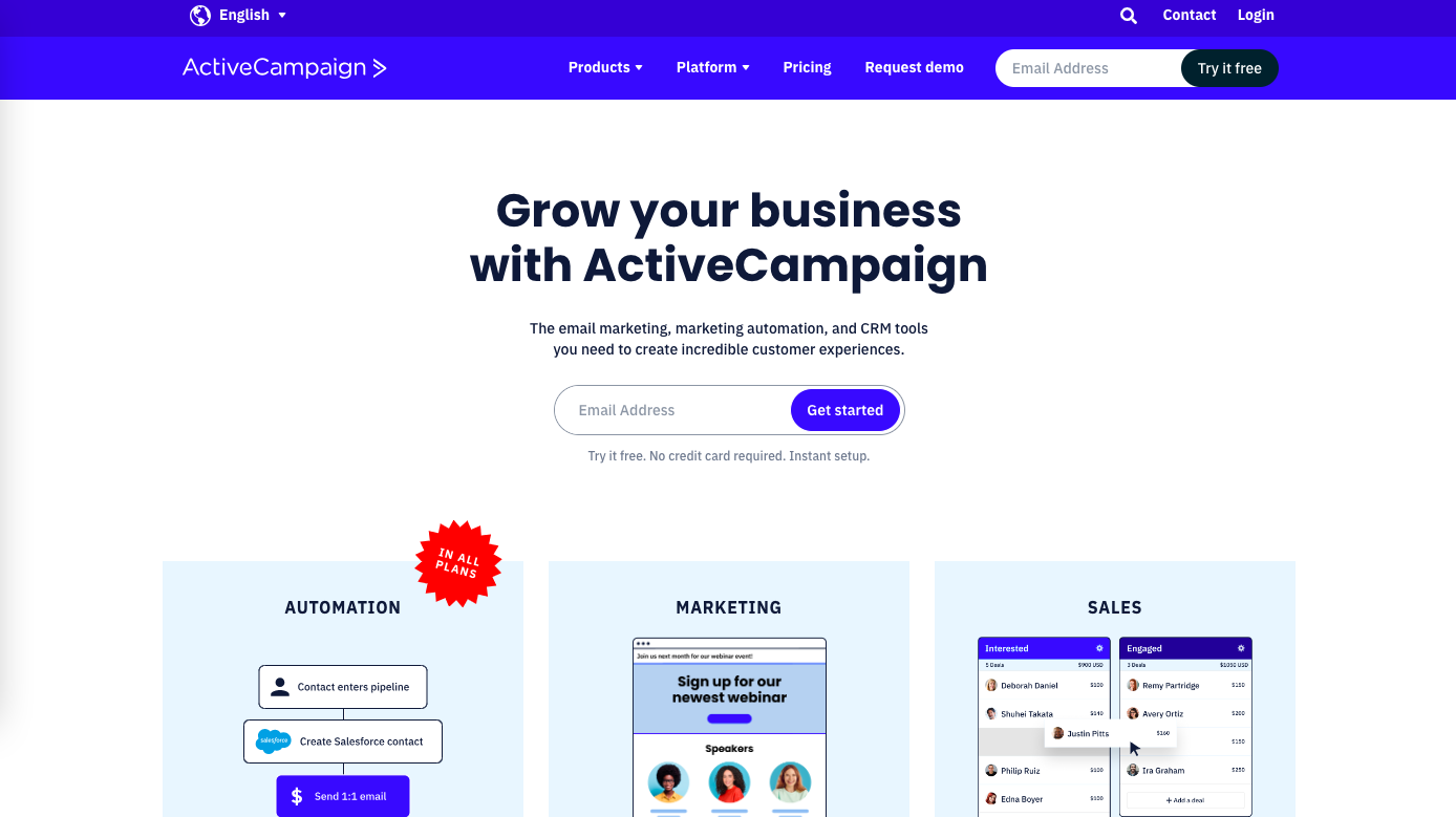 A screenshot of Active Campaign’s funnel builder software homepage