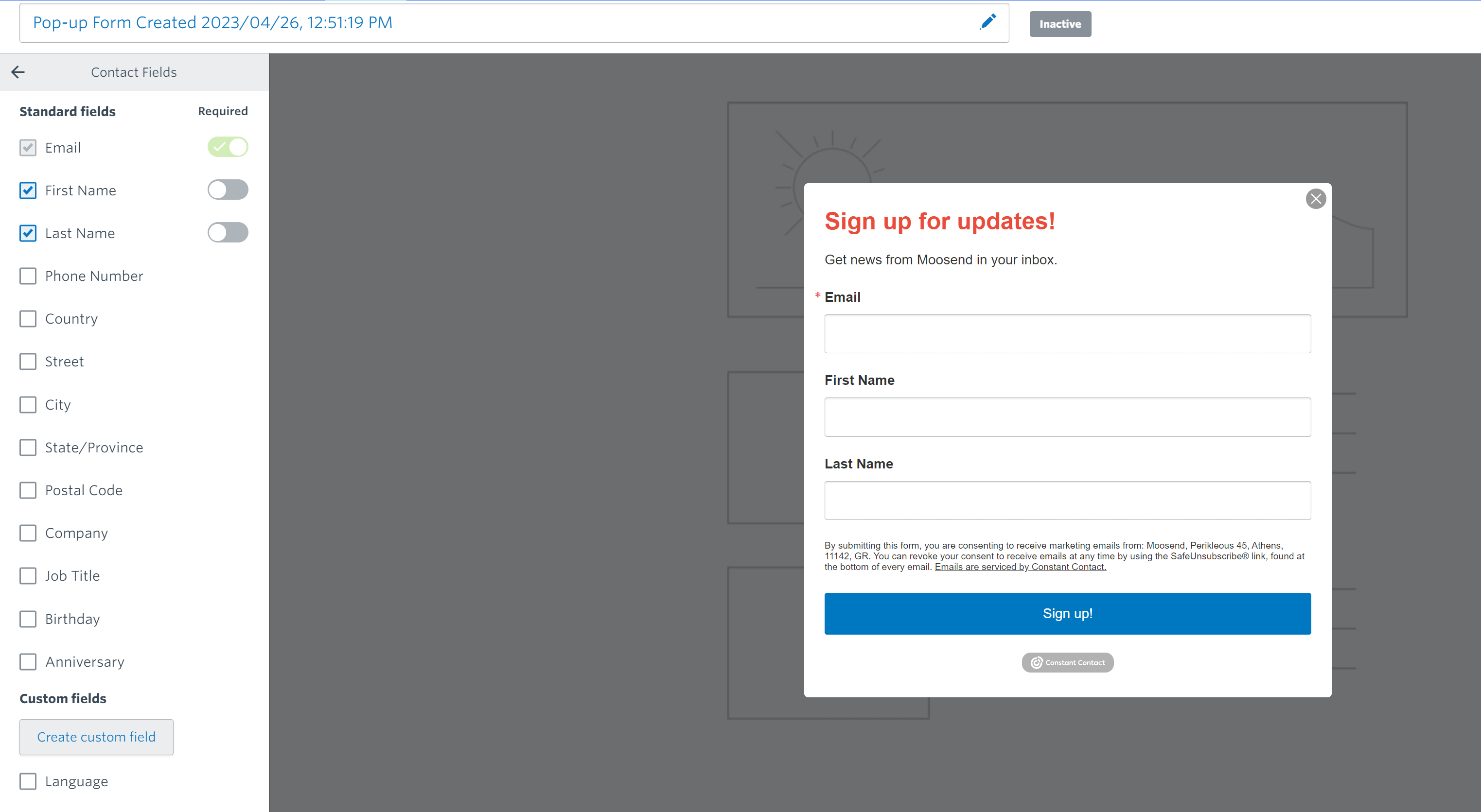 CC signup form example