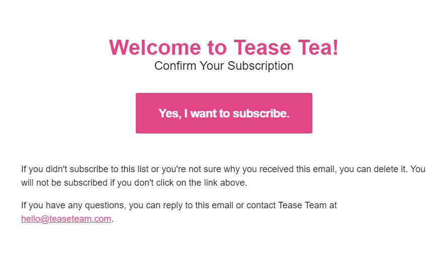Tease tea confirmation email double opt-in