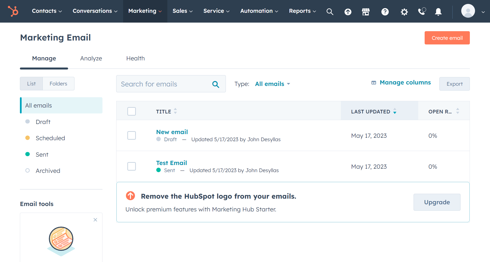 hubspot email marketing software dashboard