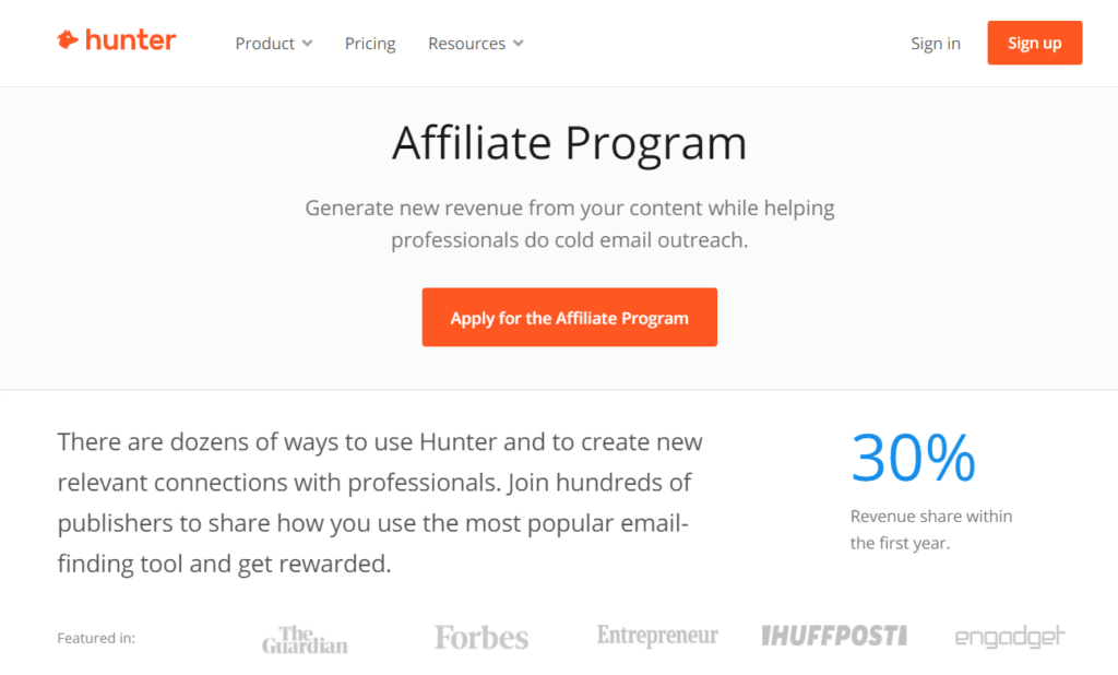 Hunter affiliate page