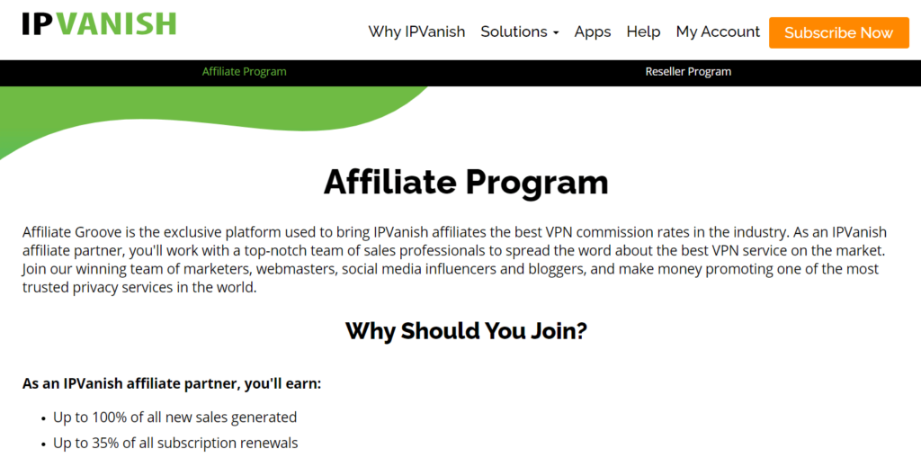 IPVanish affiliate page