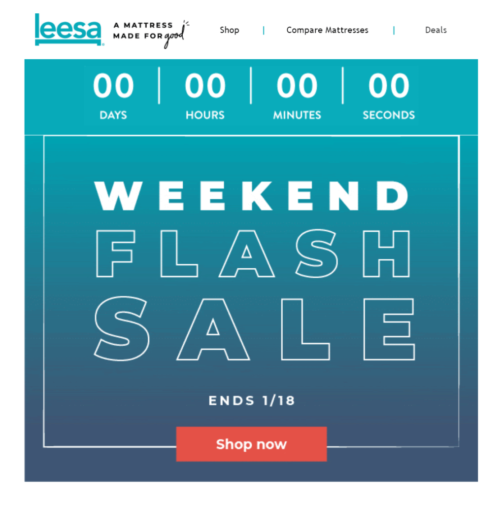 Leesa flash sale countdown timer in email