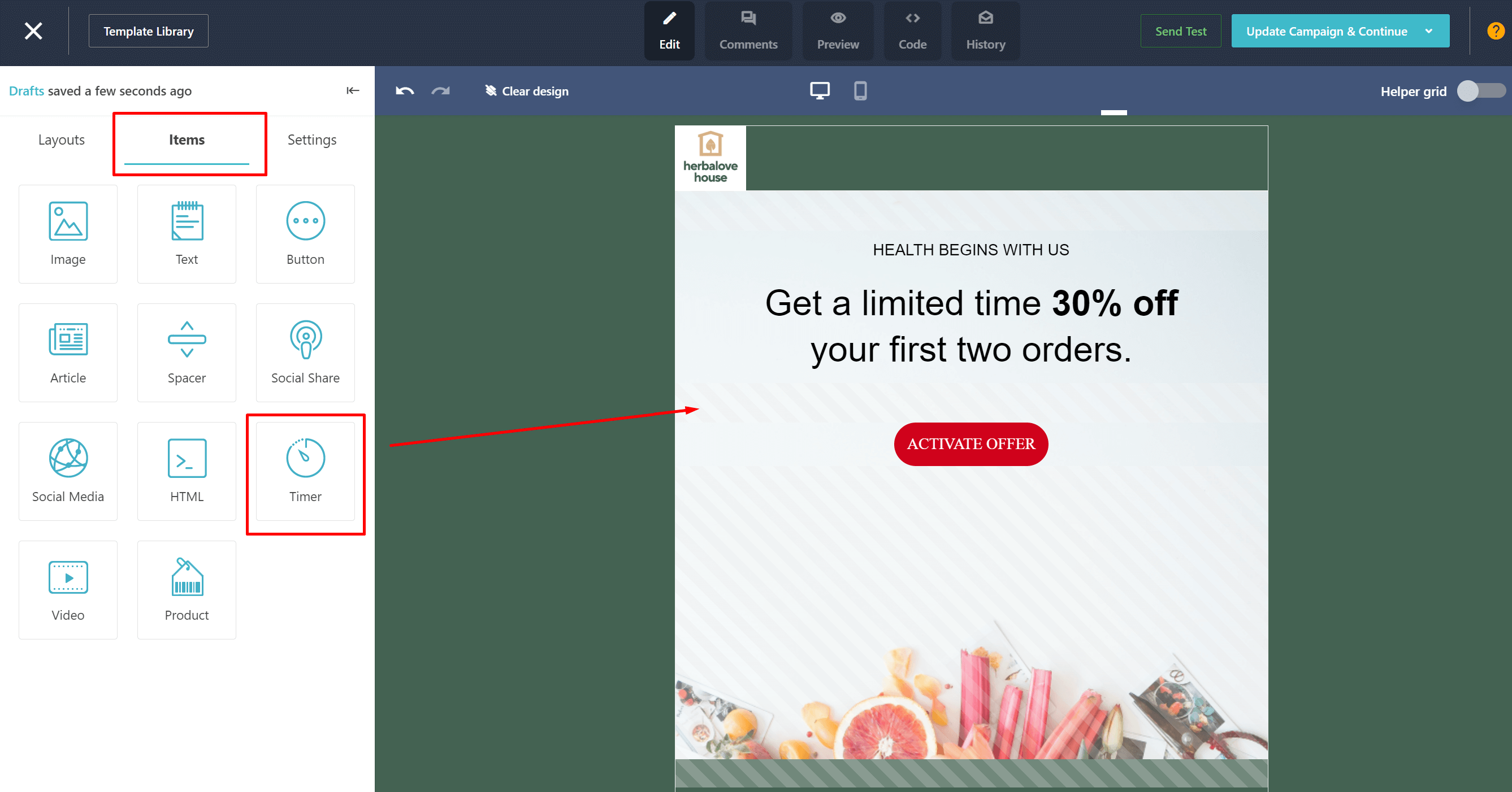 Moosend insert timer item in email template