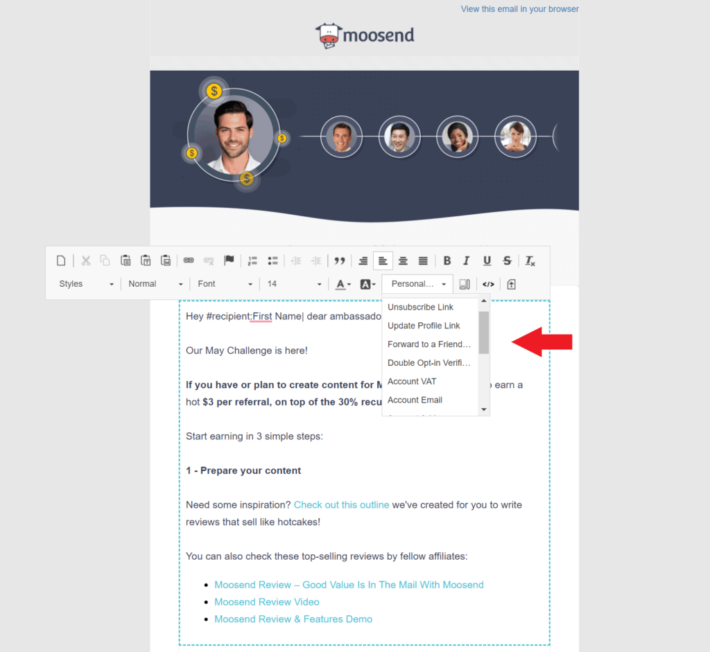 Moosend make a newsletter with personalization tags