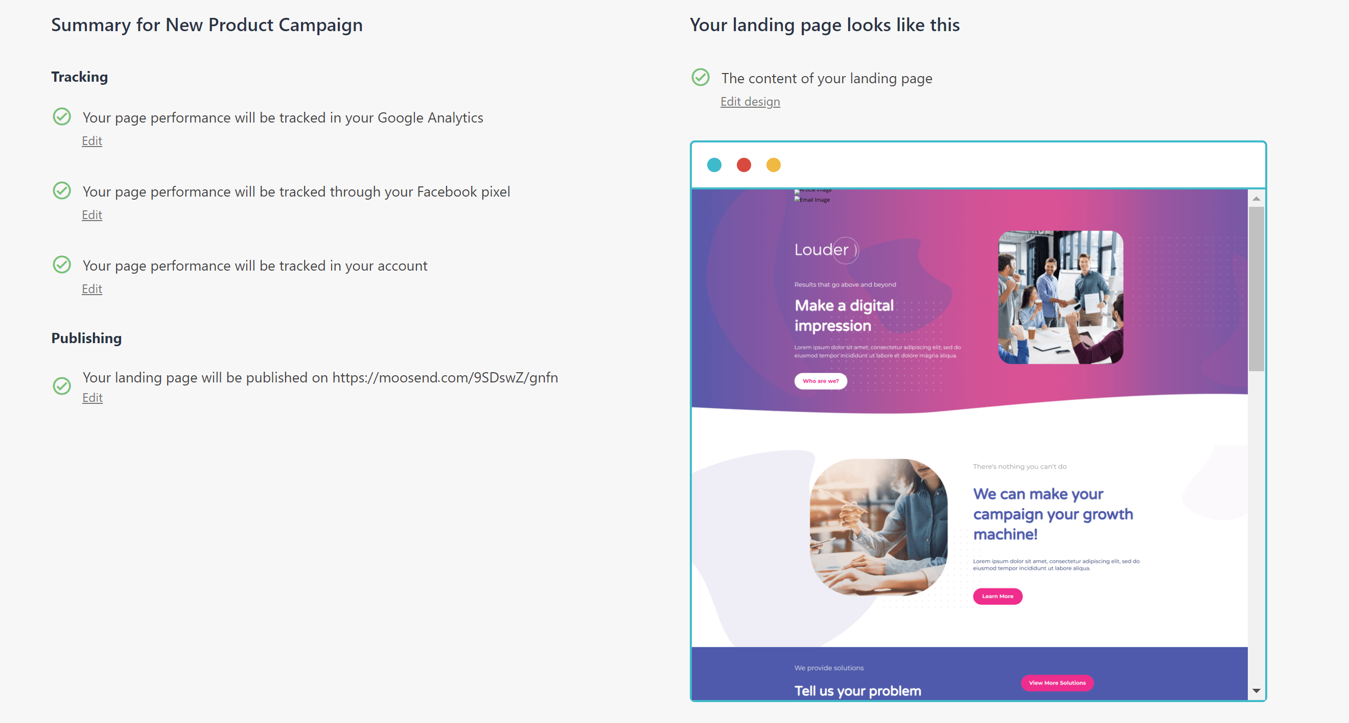 Moosend preview your landing page
