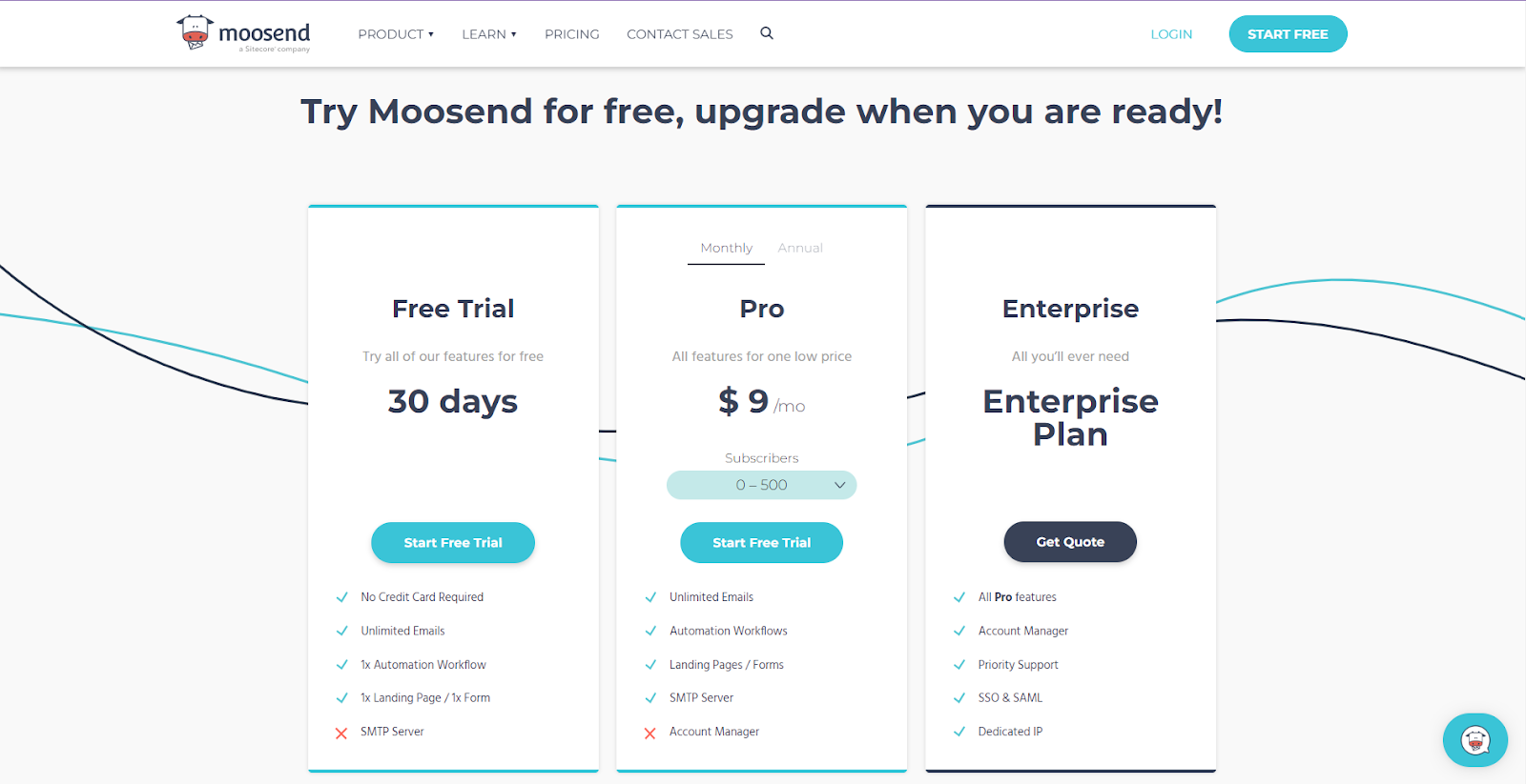 Screenshot of the typical pricing plans that Moosend offers