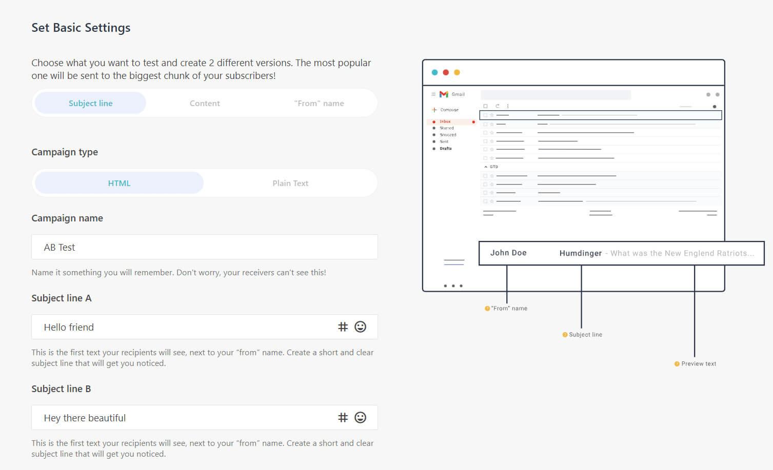 Moosend dashboard a/b testing feature example