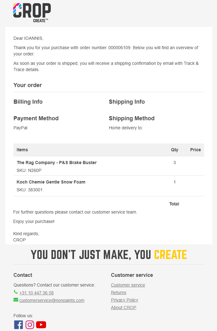 order confirmation email from CROP
