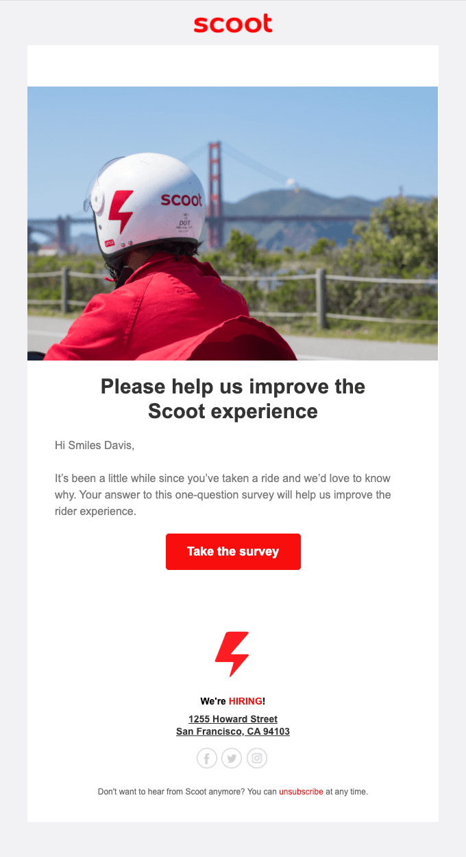 A survey email campaign example by Scoot