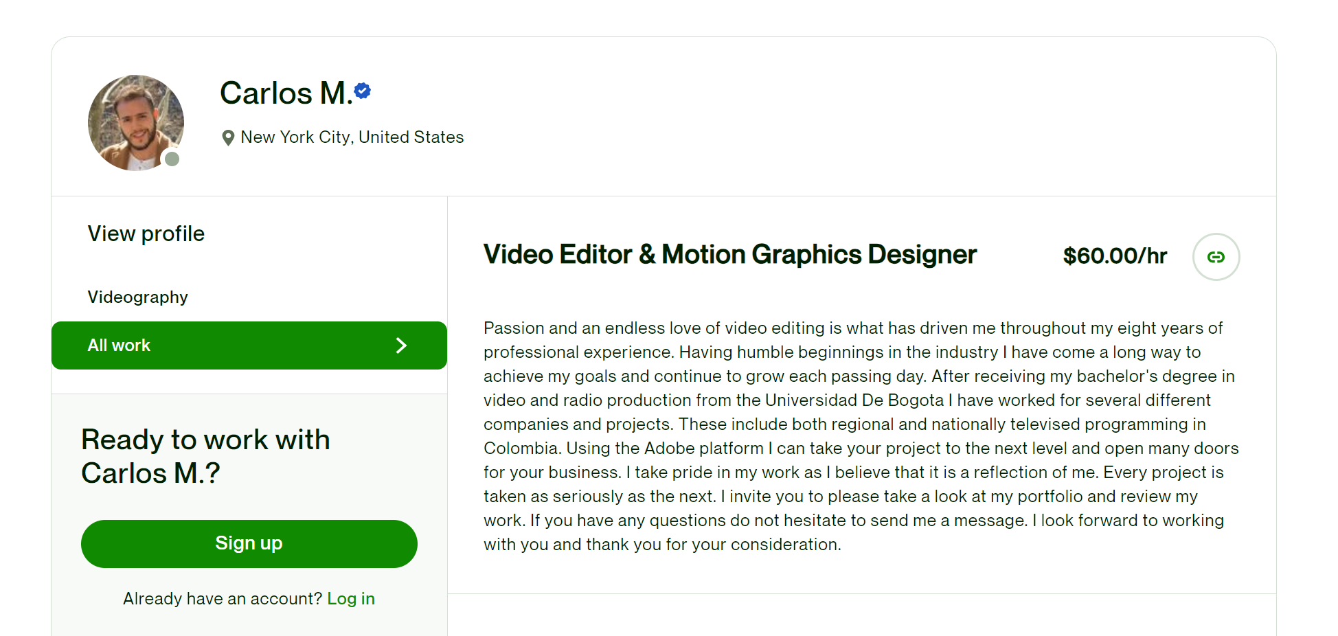 Upwork video editor profile example