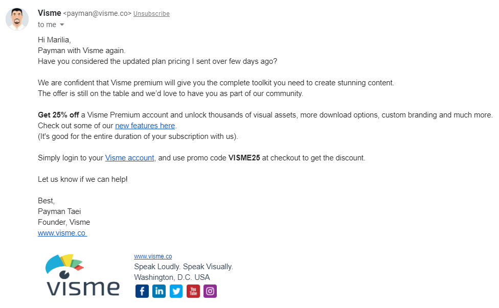 Reminder email marketing strategy example by Visme