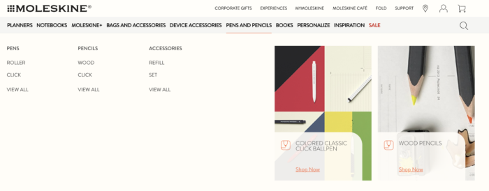 moleskine ecommerce homepage design categories